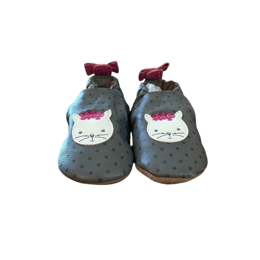 Robeez Gray Polka Dot w/Miss Kitty Detail 0-6 Mon Leather Soft Sole Shoes